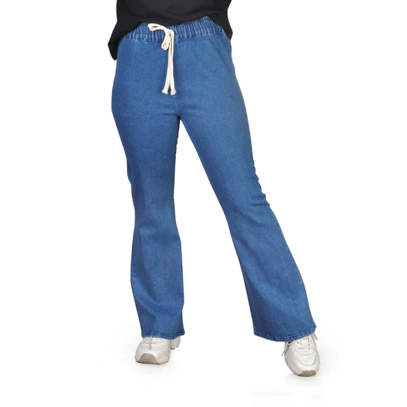 Fresh&Moda Kadın Beli Lastikli İspanyol Likralı Mavi Kot Pantolon ürün görseli 1
