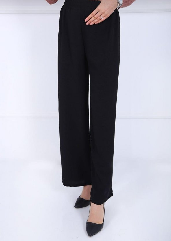 Fresh&Moda Kadın Siyah Beli Lastikli Ayrobin Kumaş Bol Paça Büyük Beden Pantolon ürün görseli 1