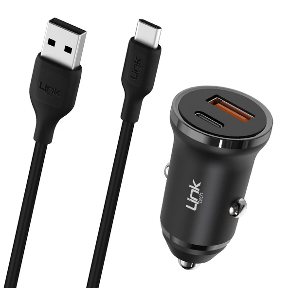 LinkTech C486e 20W PD Type-C + USB Araç Şarj Cihazı + Type-C Kablo Set Siyah ürün görseli 1