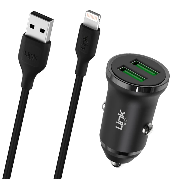 LinkTech C482e 12W 2x USB + Lightning USB Kablo Araç İçi Şarj Aleti Set Siyah ürün görseli 1