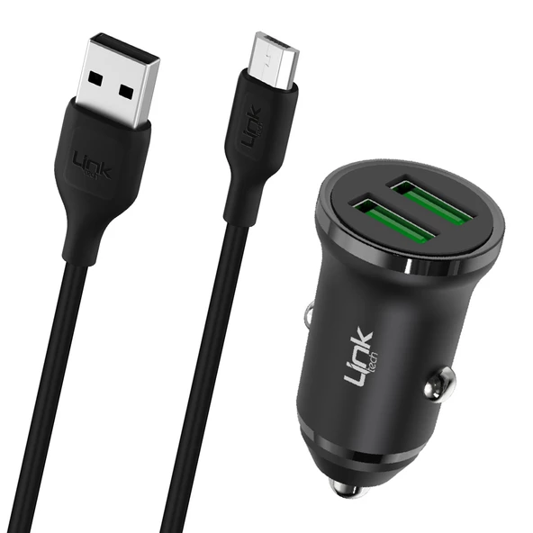 LinkTech C481e 12W 2x USB + Micro USB Kablo Araç İçi Şarj Aleti Set Siyah ürün görseli 1