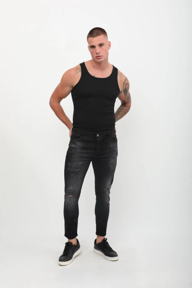 Erkek Skinny Fit Yırtık Detaylı Jean Siyah ürün görseli 1