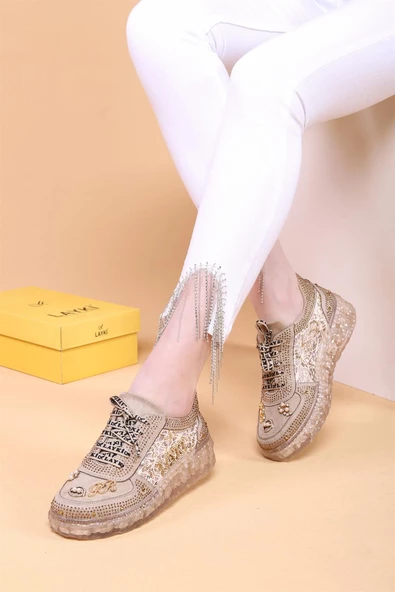Astra Taşlı Desenli Şeffaf Taban Bej Renkli Kadın Sneaker ürün görseli 1