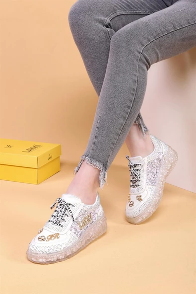 Astra Taşlı Desenli Şeffaf Taban Beyaz Renkli Kadın Sneaker ürün görseli 1