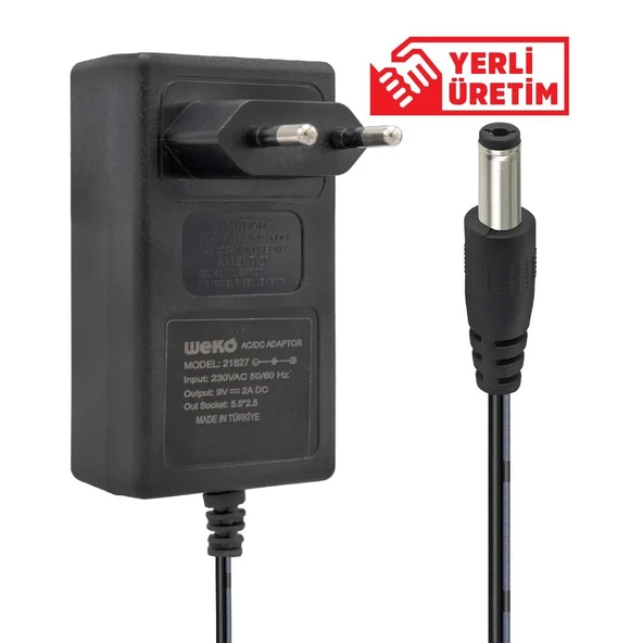 Ayt Weko 9 Volt 2 Amper Priz Tipi Plastik Kasa Adaptör 5.5mm x 2.5mm Uç Kutusuz Yerli Üretim ürün görseli 1