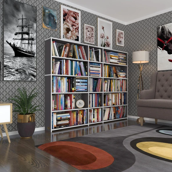 Kenzlife kitaplık süper ga 150*200*19 gri 5 katlı 3 bölme çift bölme opsiyonlu ofis mutfak banyo dolabı arkalıksız ürün görseli 1
