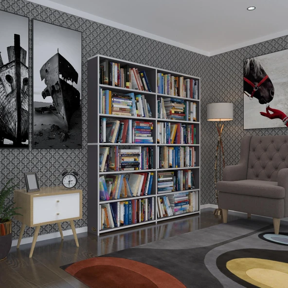 Kenzlife kitaplık süper ga 180*160*19 gri 6 katlı 2 bölme çift bölme opsiyonlu ofis mutfak banyo dolabı arkalıksız ürün görseli 1