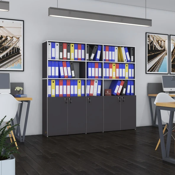 Kenzlife klasör dolabı kilitli gökbörü gri 175*200*30 klasörlük kitaplık ofis arkalıksız ürün görseli 1