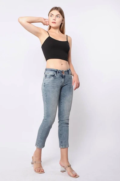 Kadın Düşük Bel Mavi Jean Pantolon - Resim 3