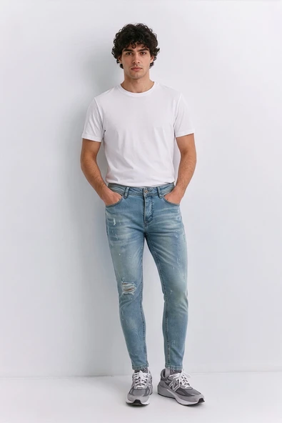 Erkek Skinny Ripped Jean Açık Mavi ürün görseli 1