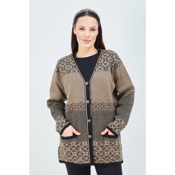 Kadın Vizon Renk Desenli Triko Düğmeli Cepli Kışlık Anne Hırkası ürün görseli 1
