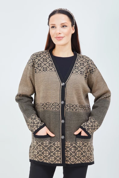 Fresh&Moda Kadın Vizon Desenli Düğmeli Triko Cepli Kışlık Anne Hırkası ürün görseli 1