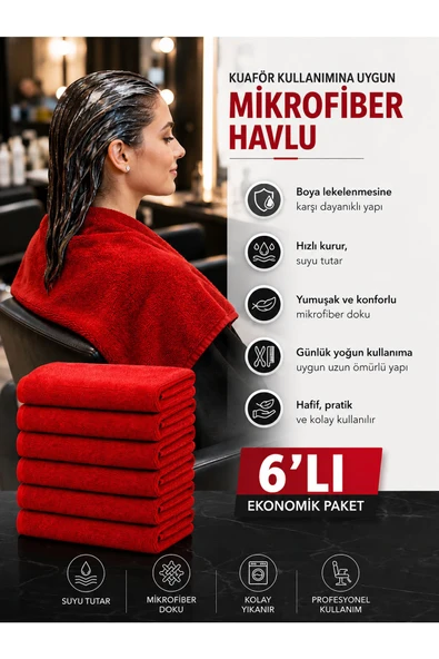 6’lı Mikrofiber Kuaför Saç Havlusu Boya Tutmayan 50x90 Cm ürün görseli 1
