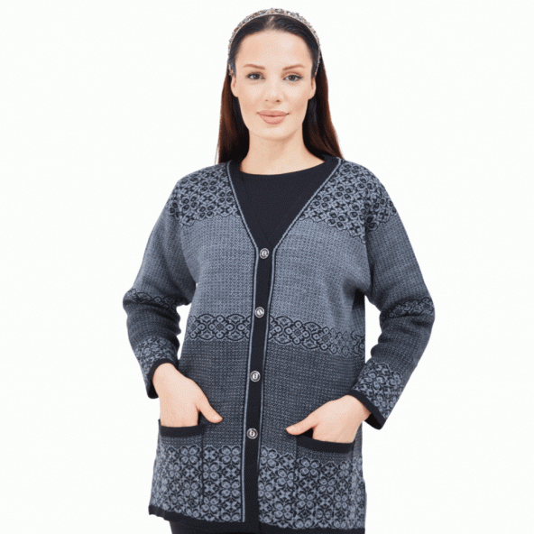 Fresh&Moda Kadın Siyah Gri Desenli  Düğmeli Triko Cepli Kışlık Anne Hırkası ürün görseli 1