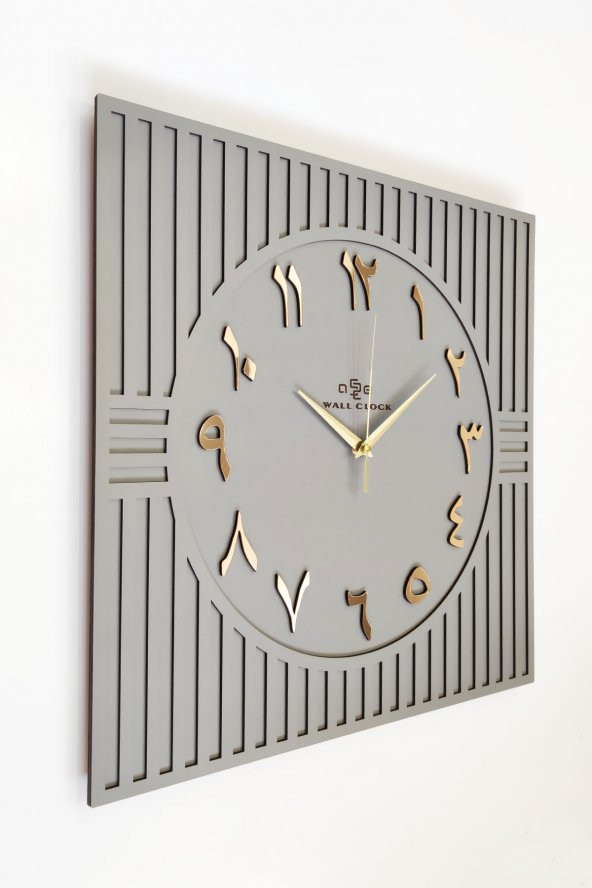 aSSe Tasarım Kare Çizgi Desenli ARAPÇA Rakam Dekoratif Antrasit&Gold Duvar Saati 50x50cm ürün görseli 1