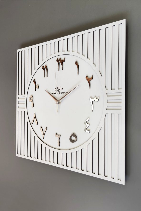 aSSe Tasarım Kare Çizgi Desenli ARAPÇA Rakam Dekoratif Beyaz & Gümüş Duvar Saati 50x50cm ürün görseli 1