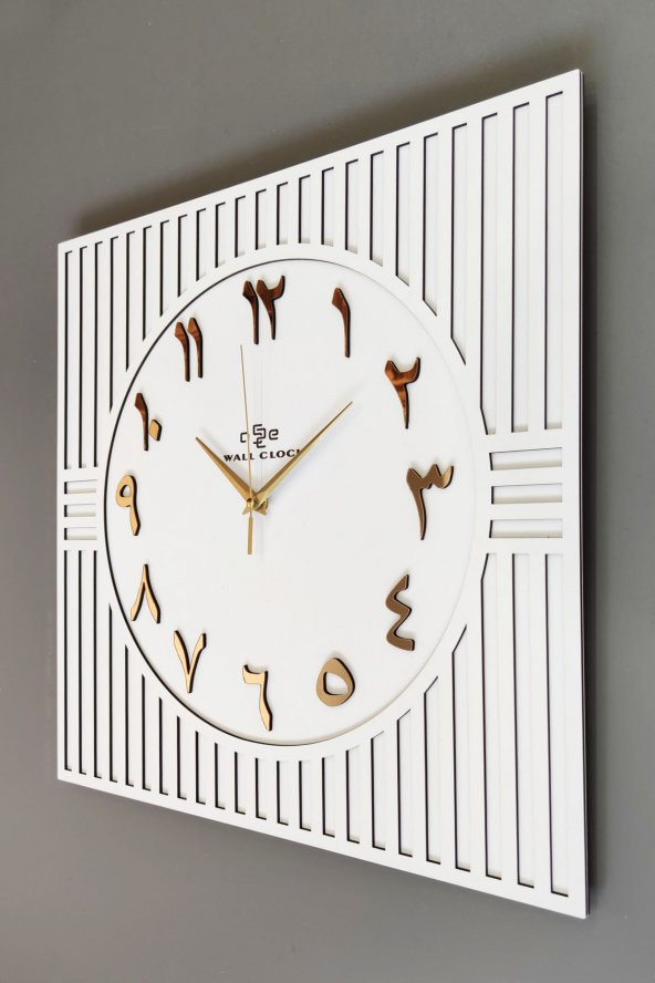 aSSe Tasarım Kare Çizgi Desenli ARAPÇA Rakam Dekoratif Beyaz & Gold Duvar Saati 50x50cm ürün görseli 1
