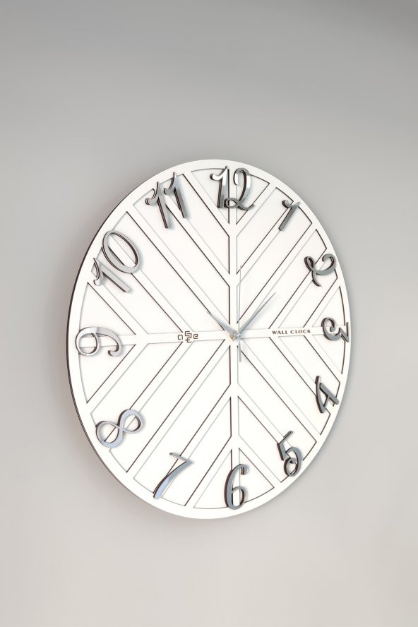 aSSe Tasarım Long Line Dekoratif Duvar Saati Beyaz & Gümüş 50x50cm Sessiz Mekanizma ürün görseli 1