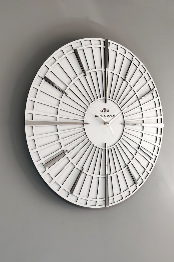 aSSe Tasarım Long Line Dekoratif Duvar Saati Beyaz & Gümüş 37x37cm Sessiz Mekanizma ürün görseli 1