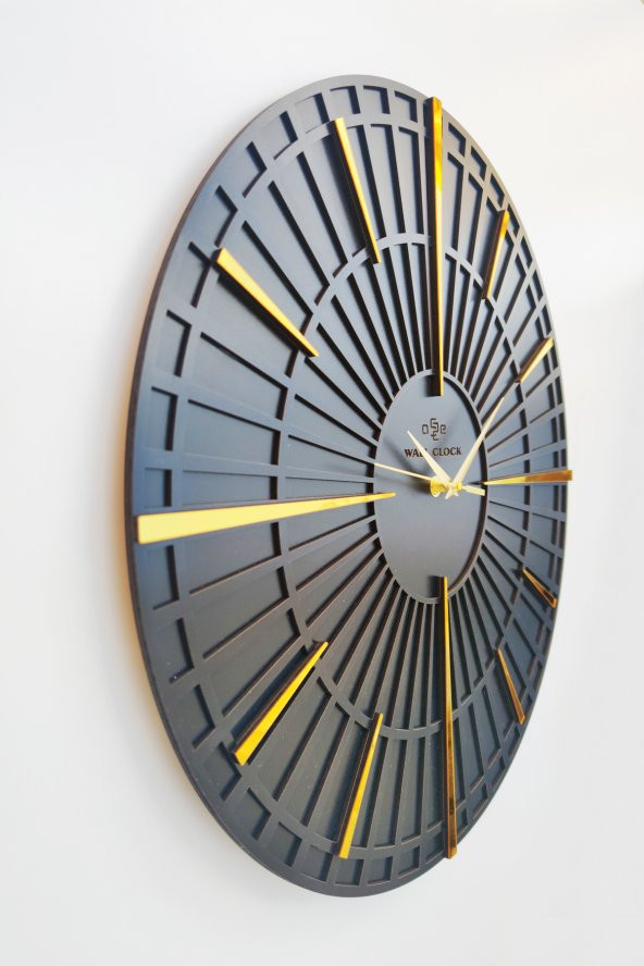 aSSe Tasarım Long Line Dekoratif Duvar Saati Siyah & Gold 37x37cm Sessiz Mekanizma ürün görseli 1