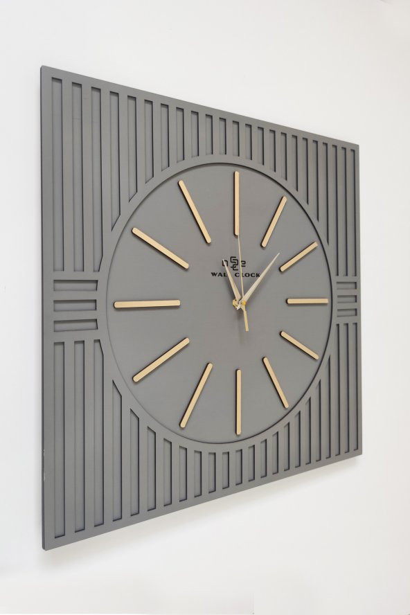 aSSe Tasarım Kare Çizgi Desenli Dekoratif Antrasit&Gold Duvar Saati 50x50cm ürün görseli 1