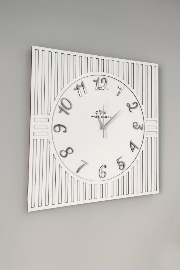 aSSe Tasarım Kare Çizgi Desenli Türkçe Rakam Beyaz & Gümüş Dekoratif Siyah&Gümüş 50x50cm Duvar Saati ürün görseli 1