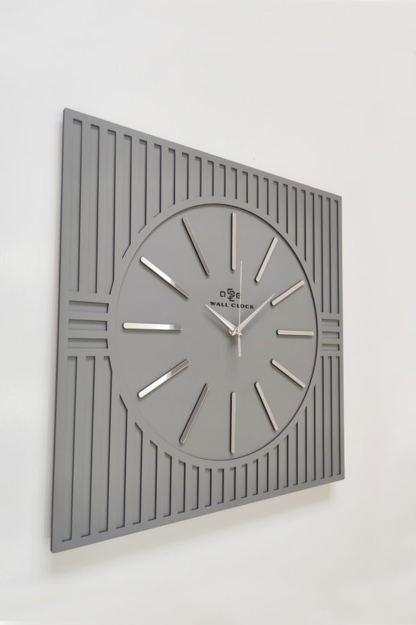aSSe Tasarım Kare Çizgi Desenli Dekoratif Antrasit&Gümüş Duvar Saati 50x50cm ürün görseli 1