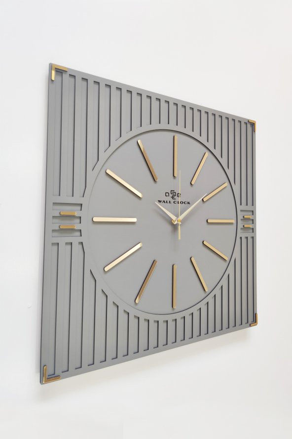 aSSe Tasarım Özel Lüx Kare Çizgi Desenli Ayna  Pleksi Dekoratif Antrasit & Gold Duvar Saati 50x50cm ürün görseli 1