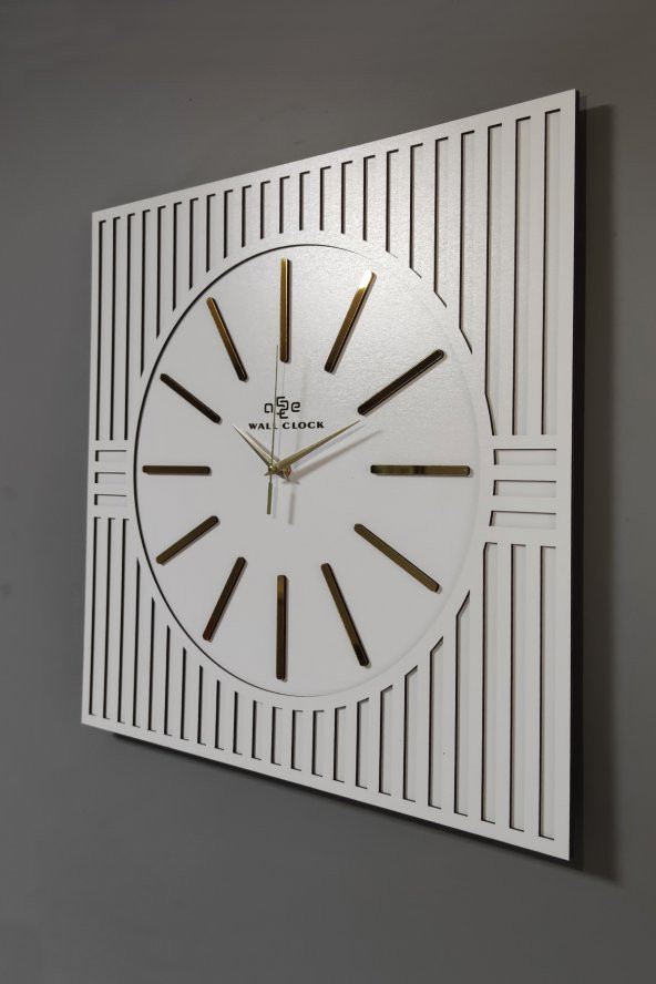 aSSe Tasarım Özel Kare Çizgi Desenli Dekoratif Beyaz & Gold Özel Duvar Saati 50x50cm ürün görseli 1