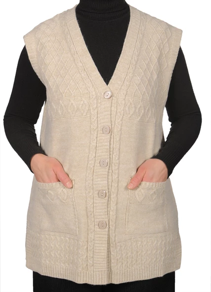 Kadın Koyu Krem Düğmeli Yelek ürün görseli 1