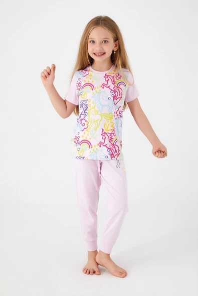 Roly Poly Premium Kız Çocuk Unicorn Magic Pamuklu Rahat Kalıp Kısa Kollu Pijama Takım ürün görseli 1