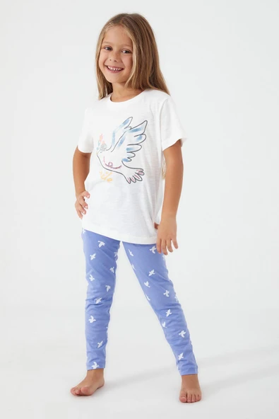 Roly Poly 3075 Premium Bird Smile Kız Çocuk Kısa Kollu Taytlı Pijama Takım ürün görseli 1