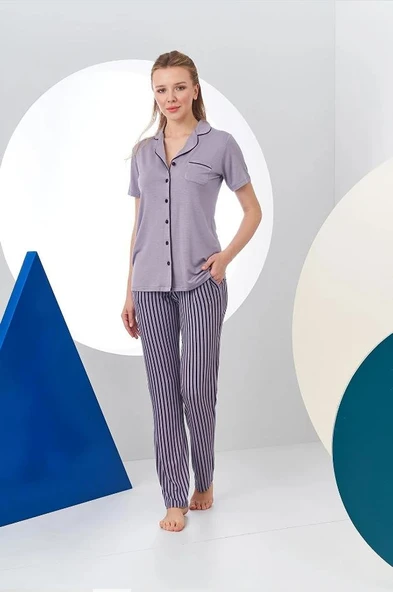 Pjs 24156 Kadın Çizgili Düğmeli Pijama Takım ürün görseli 1