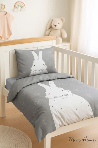 Yenidoğan Kız / Erkek Unisex Bebek Nevresim Takımı 3D Pamuklu Gri Tavşan ürün görseli 1