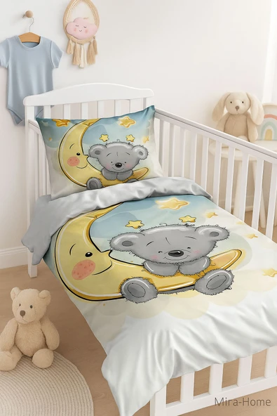 Yenidoğan Kız / Erkek Unisex Bebek Nevresim Takımı 3D Pamuklu Aydaki Ayıcık ürün görseli 1