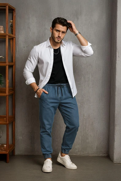 Erkek Beli Lastikli Jogger Pantolon Mavi ürün görseli 1