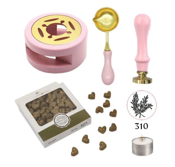 Davetiye Mum Mühürü Uygulama Seti Pembe Renk 310 Botanik Desen ürün görseli 1