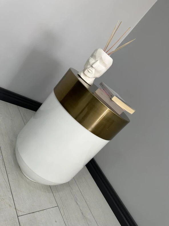 Dekoratif Eskitme Darbuka Parlak Beyaz Sehpa 70cm ürün görseli 1