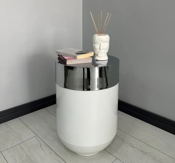 Dekoratif Krom Darbuka Parlak Beyaz Sehpa 60cm ürün görseli 1