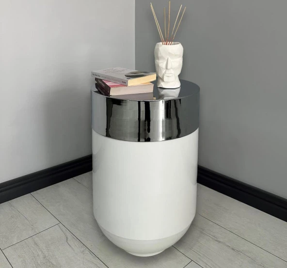 Dekoratif Krom Darbuka Parlak Beyaz Sehpa 70cm ürün görseli 1