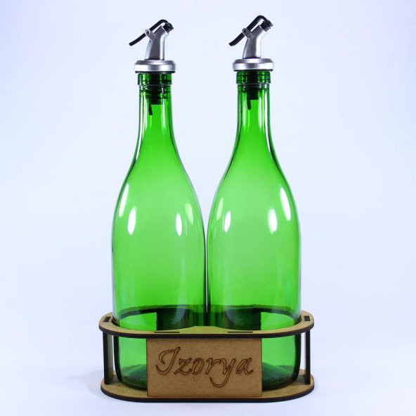 Lazer Kesim Stantlı Zeytinyağı Şişe Seti 2’li Yağdanlık Sosluk Sirkelik 2×750 ml Açık Yeşil Silver Renk Akıtıcılı ürün görseli 1