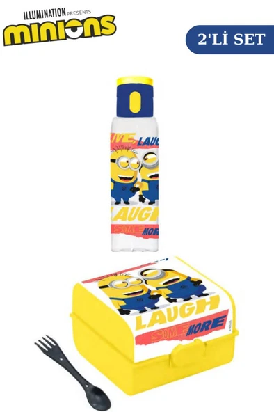 Flosoft Lisanslı Minions Düğmeli Matara ve Beslenme Kutusu, 3 Bölmeli Okul Kabı ve Suluğu 2’li Set ürün görseli 1