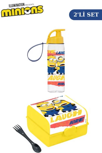 Flosoft Lisanslı Minions Matara ve Beslenme Kutusu, 3 Bölmeli Okul Beslenme Kabı ve Suluğu 2’li Set ürün görseli 1