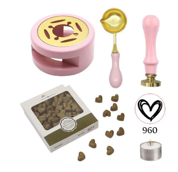 Davetiye Mum Mühürü Uygulama Seti Pembe Renk 960 Kalp ürün görseli 1
