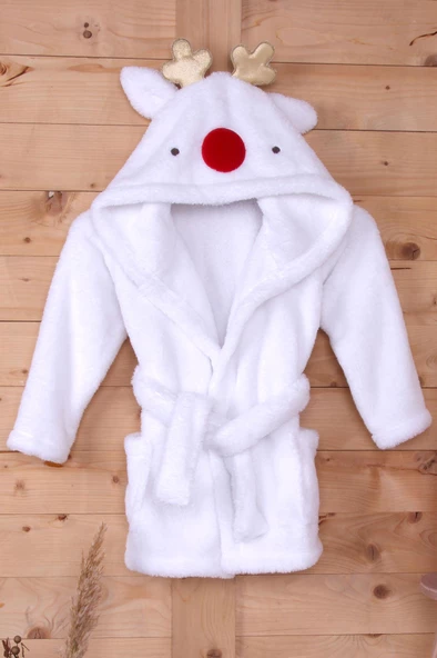 %100 Polyester Beyaz Çocuk Kapüşonlu Sabahlık Bornoz Ev Giyim ürün görseli 1