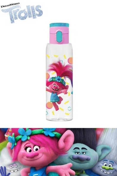 Flosoft Lisanslı Trolls Matara, Trolls Desenli Düğmeli Okul Suluğu, Sızdırmaz Öğrenci Suluk 500ml ürün görseli 1