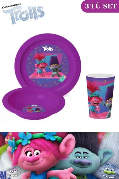 Flosoft Lisanslı Trolls Çocuk Kahvaltı Seti, Trolls Desenli Kase Tabak Bardak 3’lü Yemek Seti ürün görseli 1