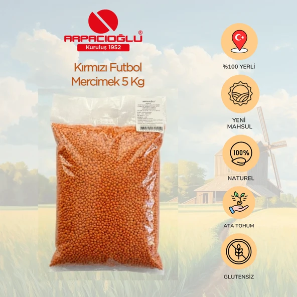 Arpacıoğlu %100 Yerli Türk Malı Kırmızı Futbol Mercimek 5kg (Naturel) ürün görseli 1