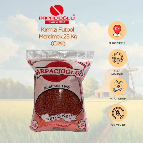 Arpacıoğlu %100 Yerli Türk Malı Kırmızı Futbol Mercimek 25kg (Cilalı) ürün görseli 1