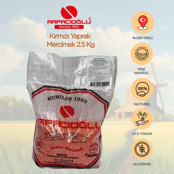 Arpacıoğlu %100 Yerli Türk Malı Kırmızı Yaprak Mercimek 2.5kg (Naturel) ürün görseli 1